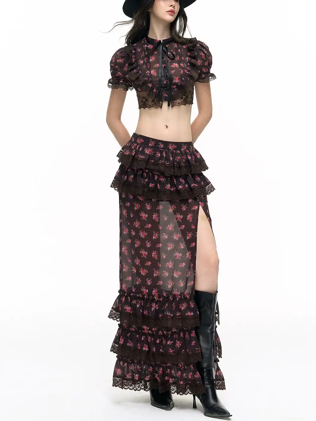 HiimDai | Lace Spliced Floral Crop Top & Skirt Two-Piece Set