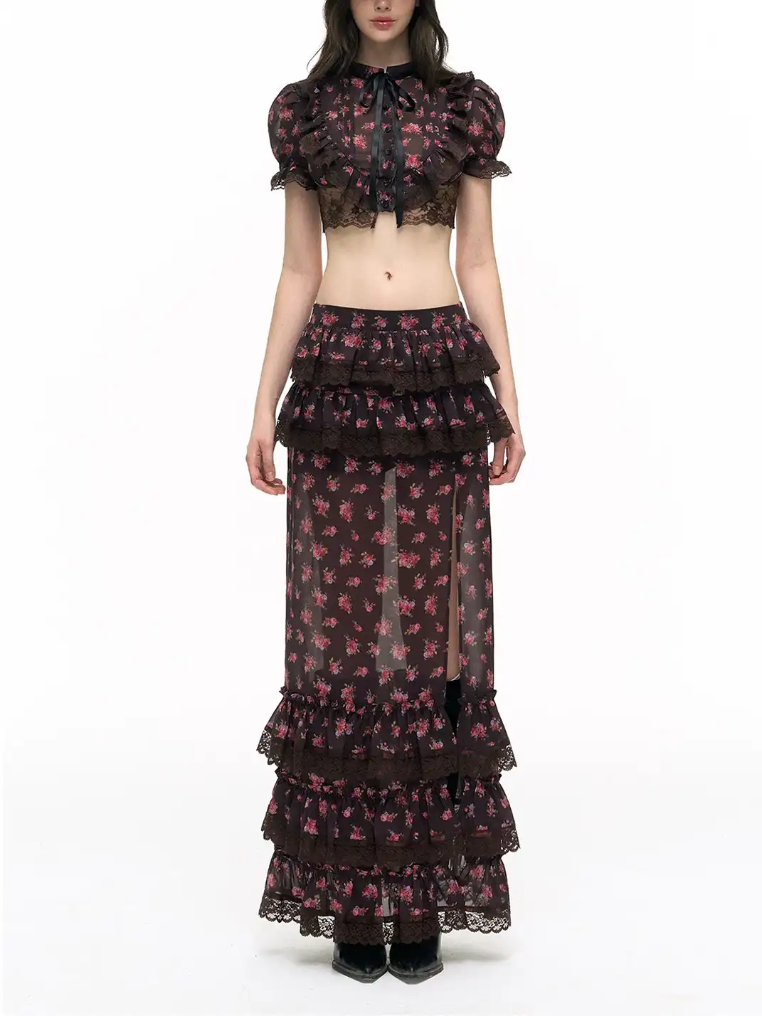 HiimDai | Lace Spliced Floral Crop Top & Skirt Two-Piece Set