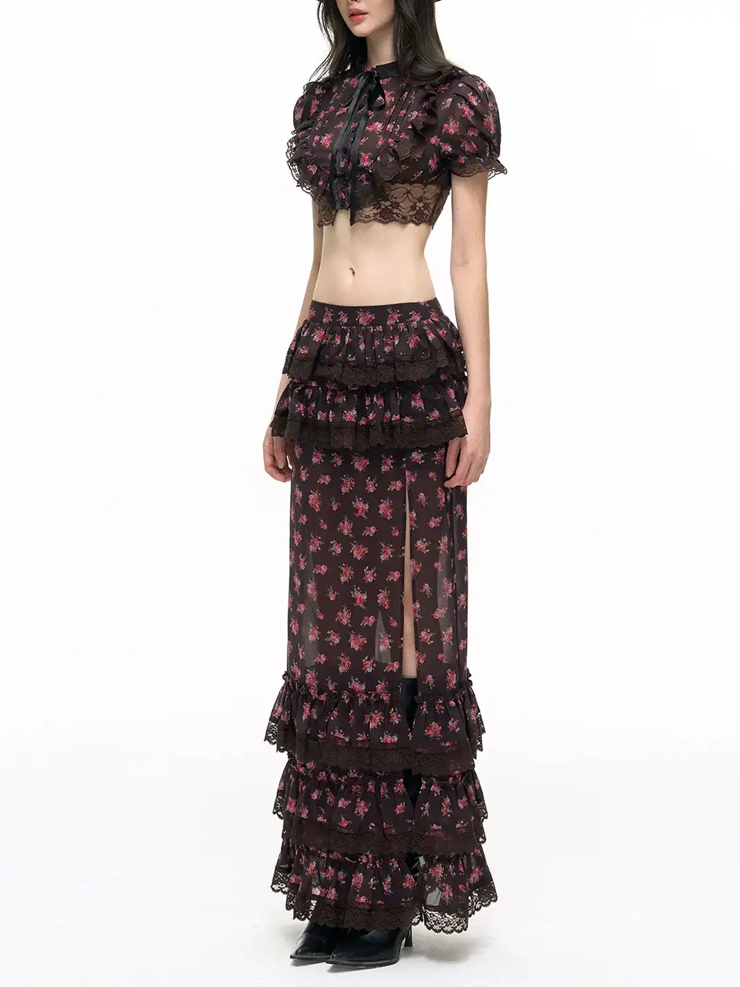 HiimDai | Lace Spliced Floral Crop Top & Skirt Two-Piece Set