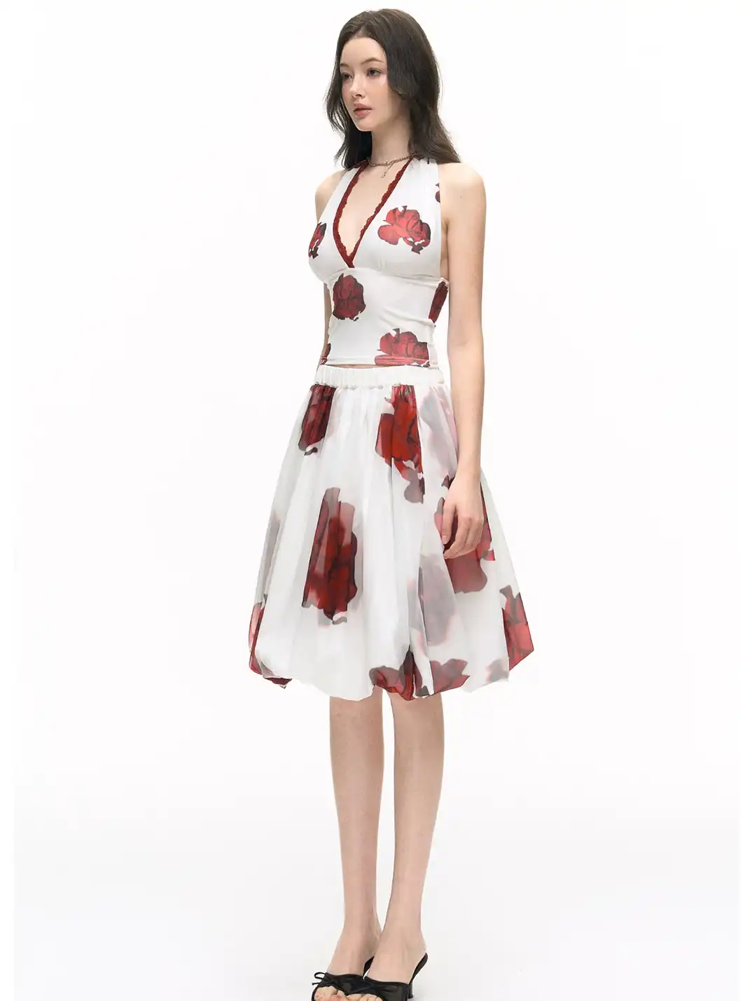 HiimDai | Lace Spliced Slim Halter V-Neck Cami & Bud Skirt Two-Piece Set