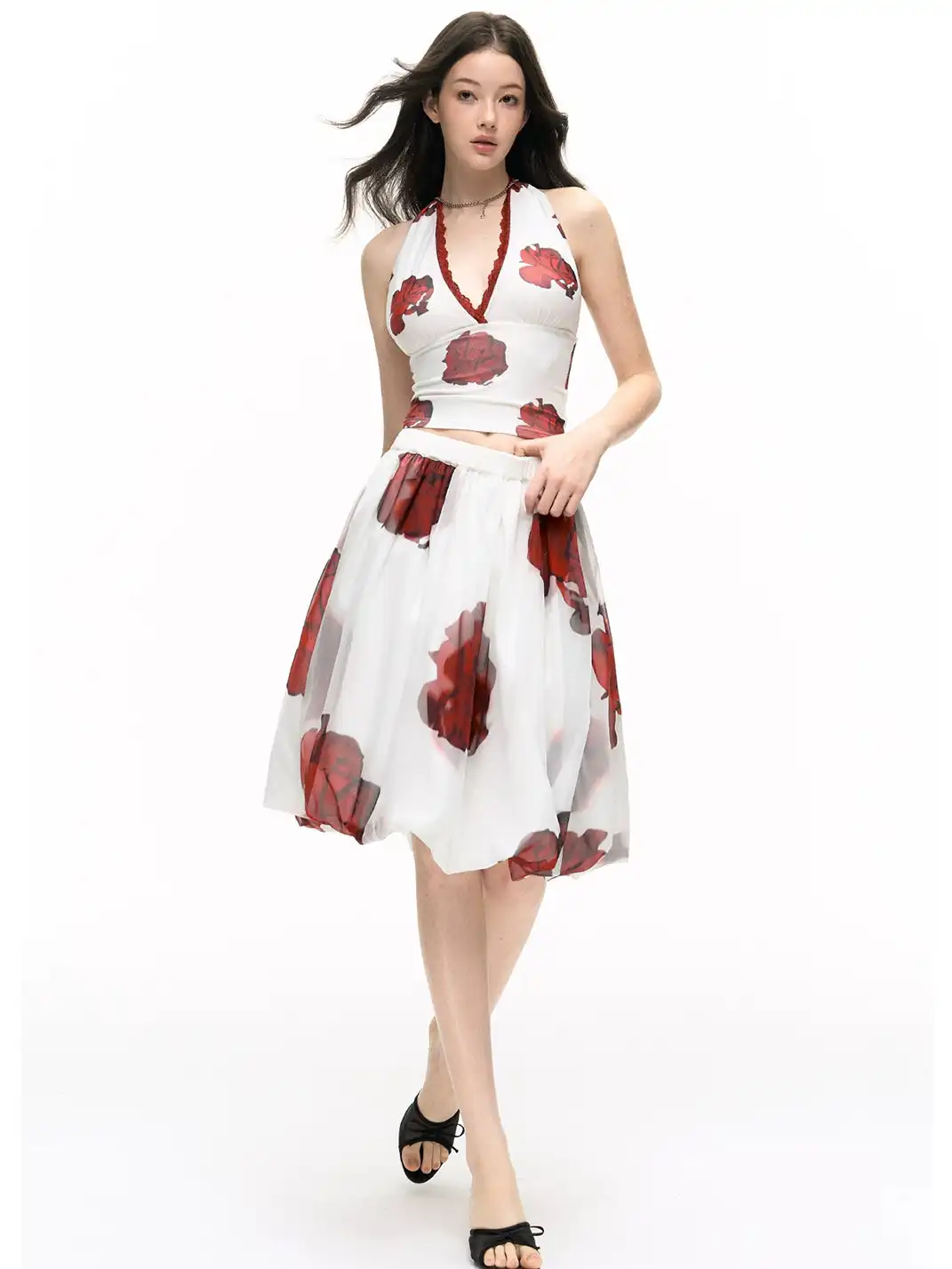 HiimDai | Lace Spliced Slim Halter V-Neck Cami & Bud Skirt Two-Piece Set