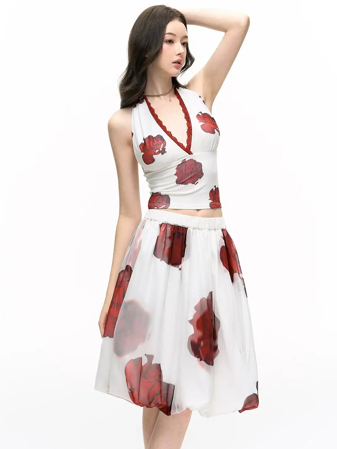 HiimDai | Lace Spliced Slim Halter V-Neck Cami & Bud Skirt Two-Piece Set