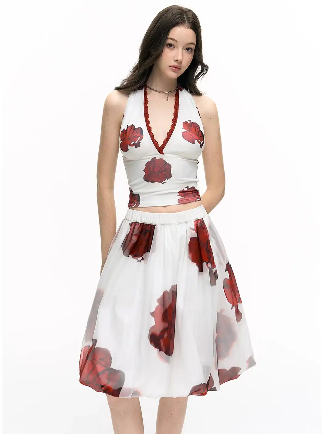 HiimDai | Lace Spliced Slim Halter V-Neck Cami & Bud Skirt Two-Piece Set