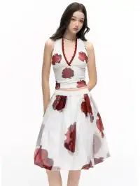 HiimDai | Lace Spliced Slim Halter V-Neck Cami & Bud Skirt Two-Piece Set