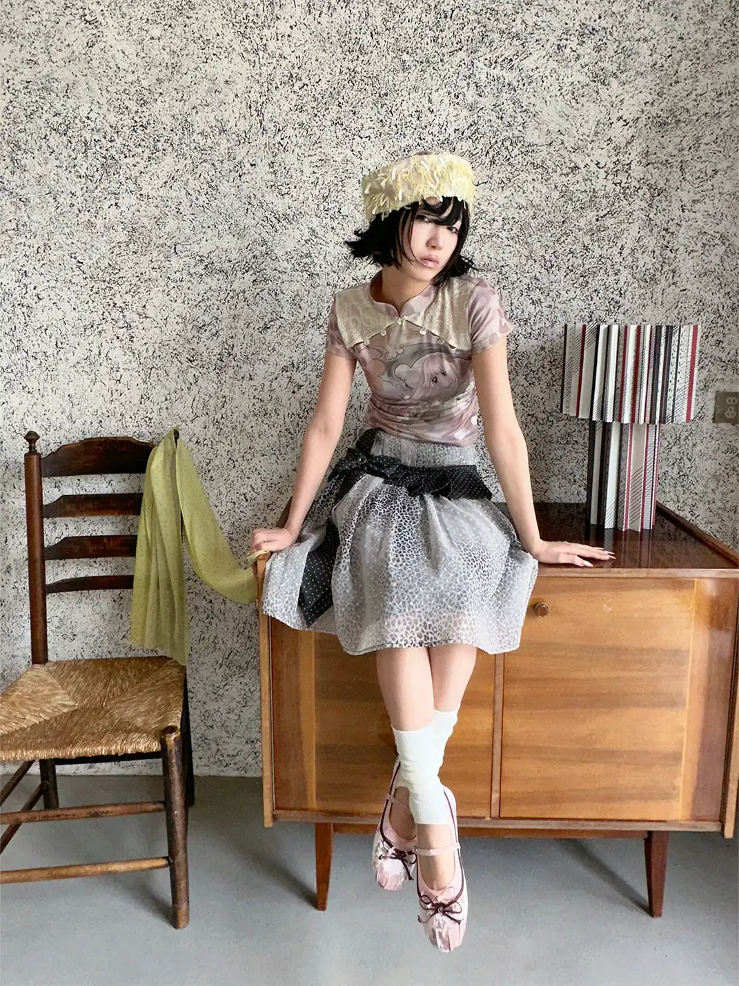 4RE1GN | Crisscross Tie Collar Leopard Print Floral Jacquard Midi Skirt