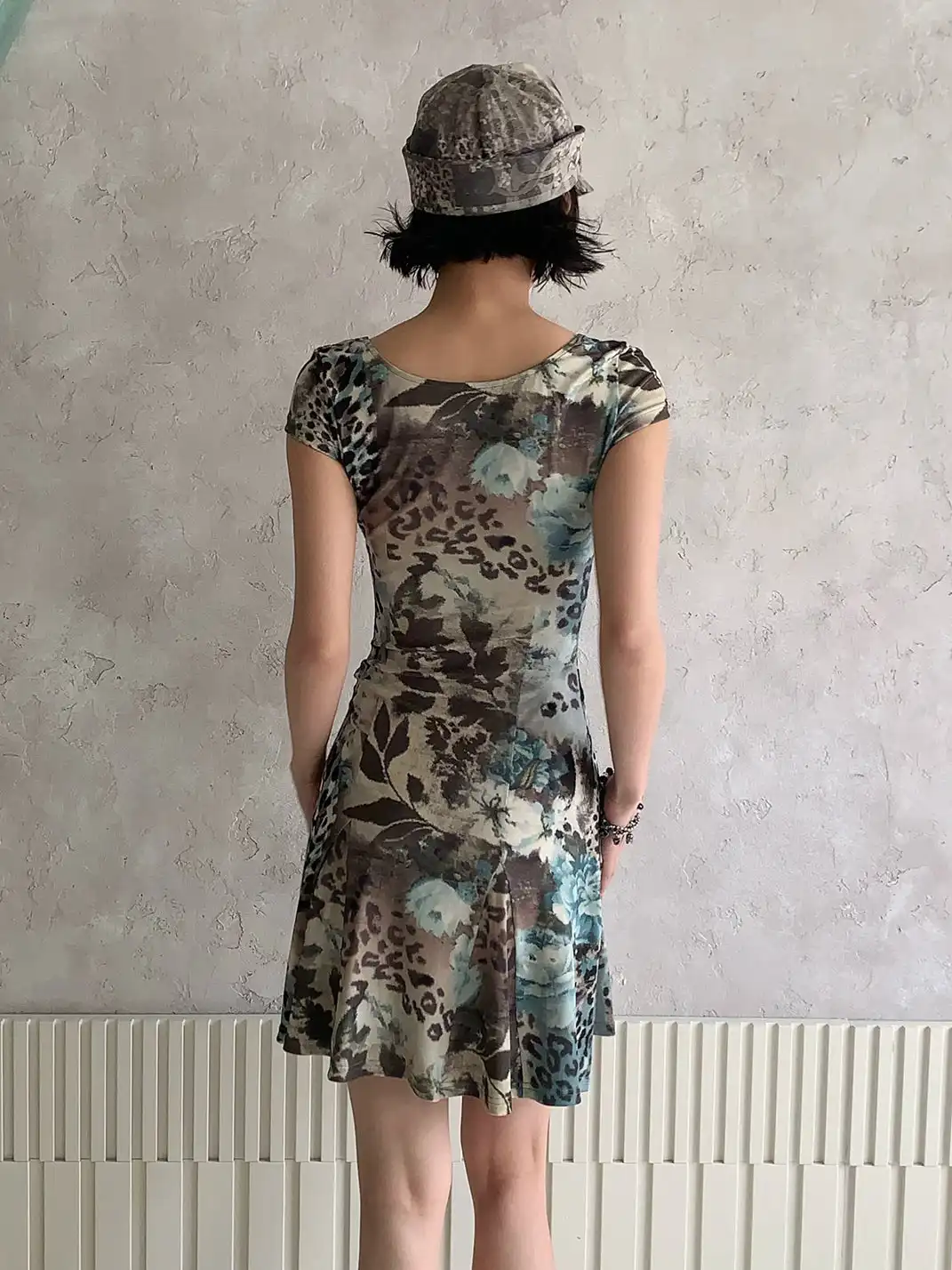 4RE1GN | Ocean Blue Leopard Floral Print Lace Spliced Stretch Dress