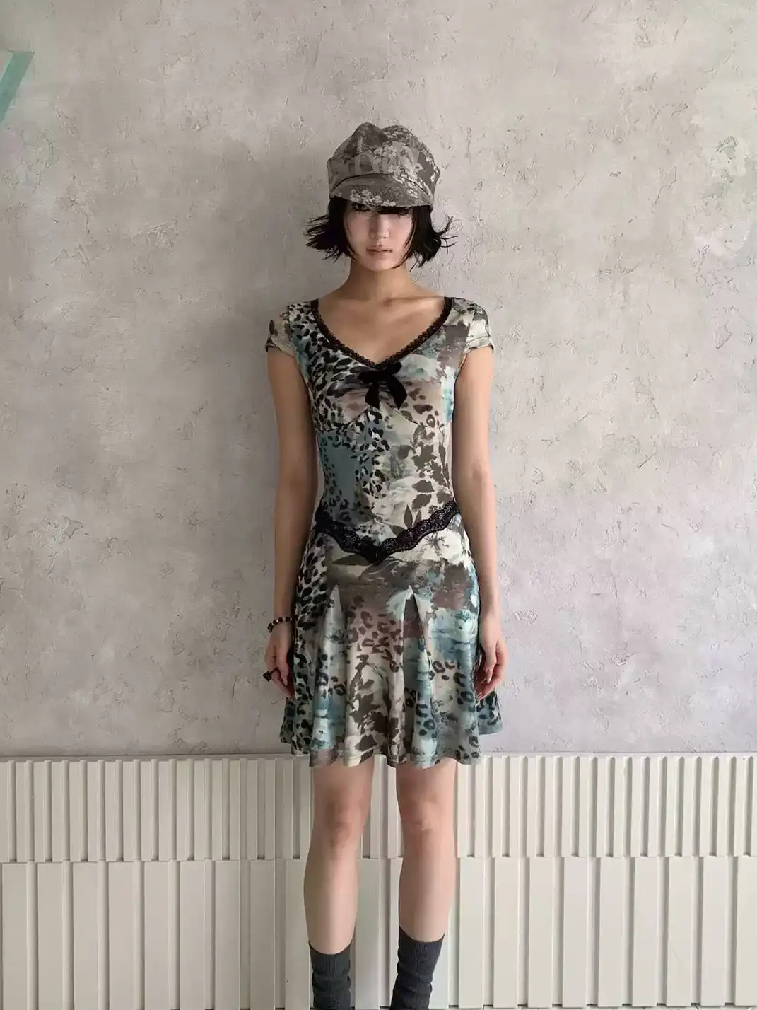 4RE1GN | Ocean Blue Leopard Floral Print Lace Spliced Stretch Dress