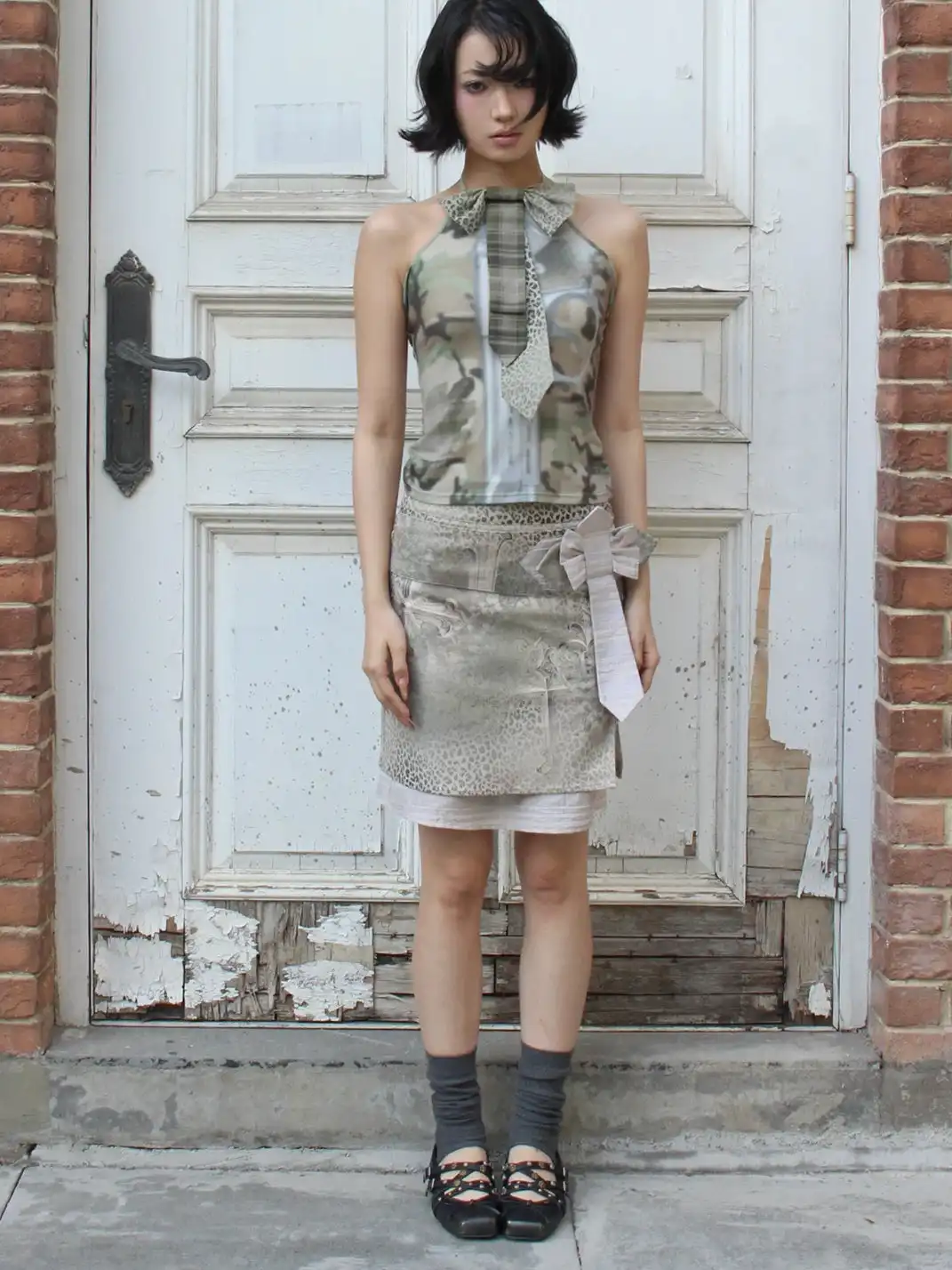 4RE1GN | Crisscross Leopard Print Bow Double Layer Spliced Skirt
