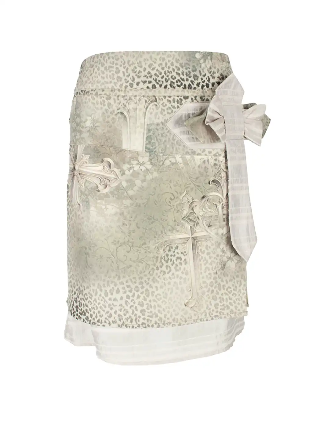 4RE1GN | Crisscross Leopard Print Bow Double Layer Spliced Skirt