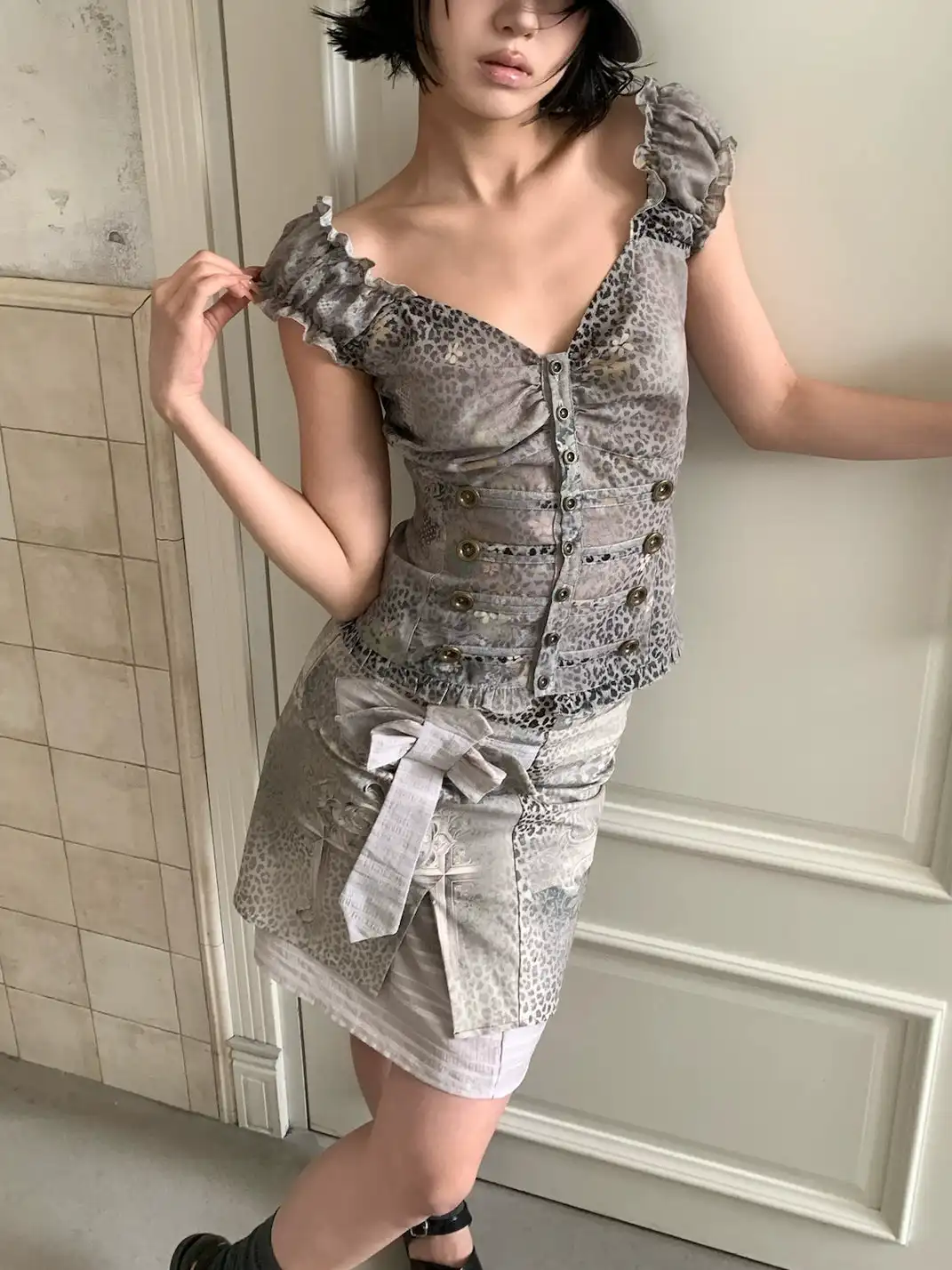 4RE1GN | Crisscross Leopard Print Bow Double Layer Spliced Skirt