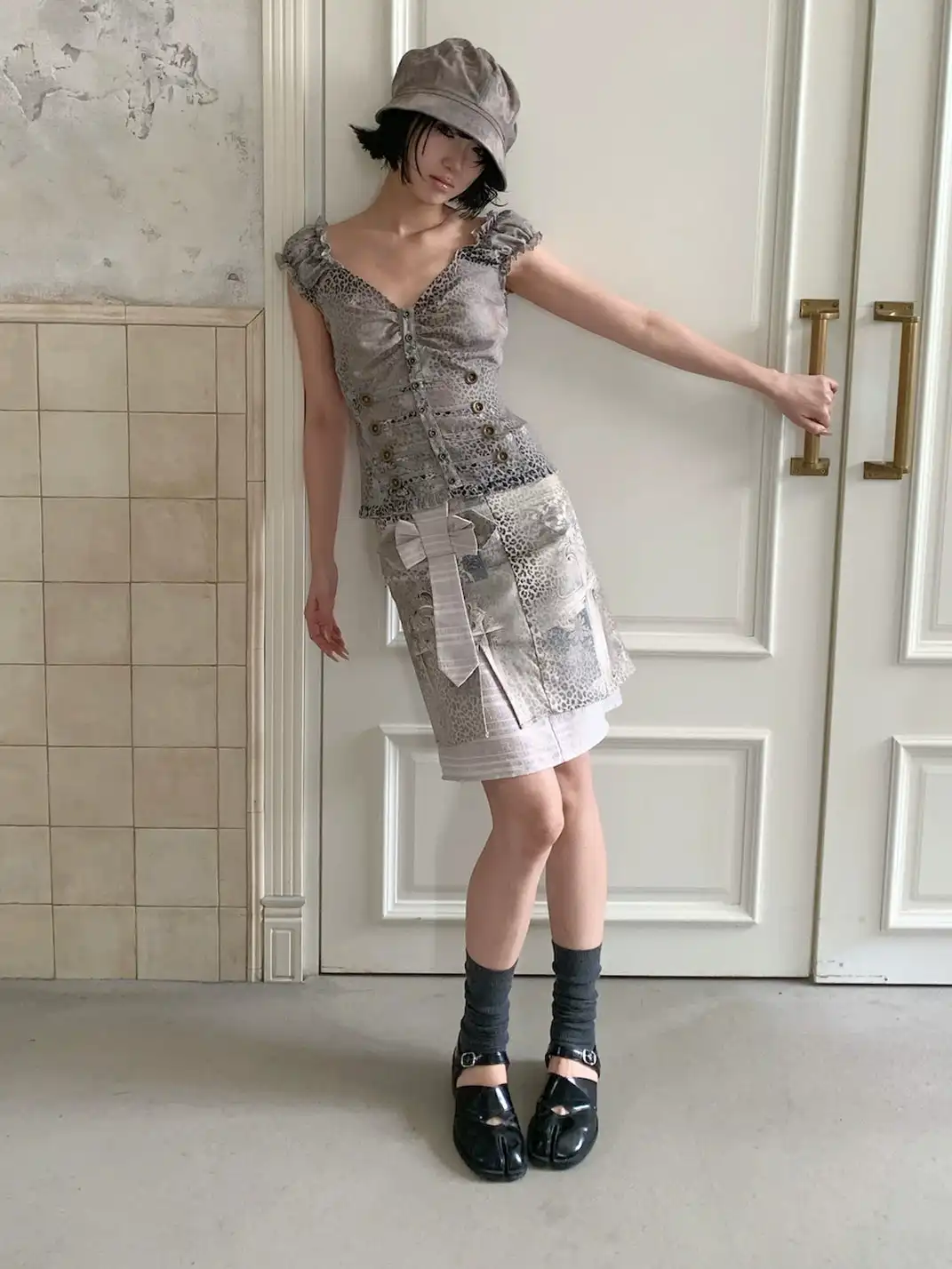 4RE1GN | Crisscross Leopard Print Bow Double Layer Spliced Skirt