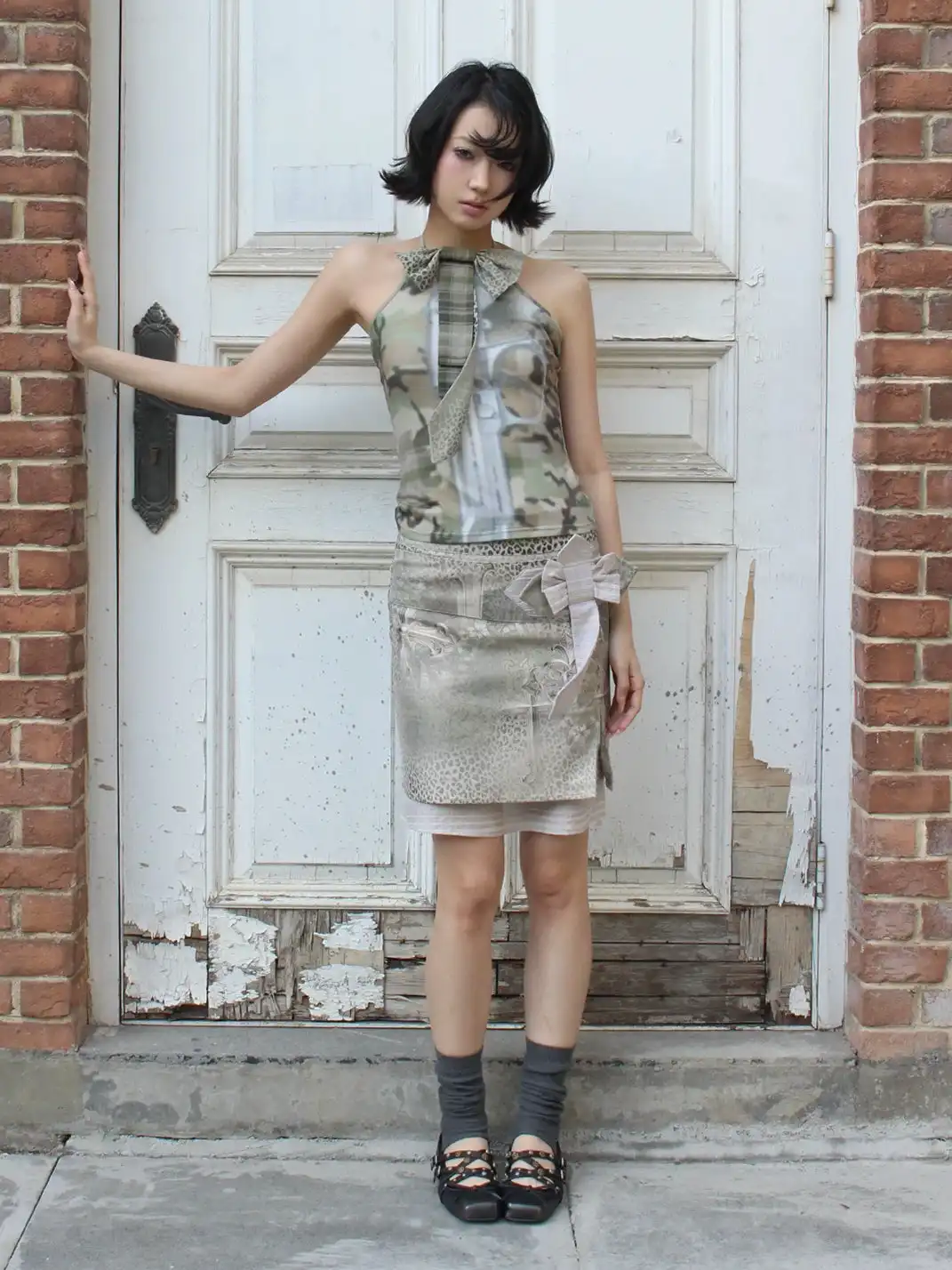 4RE1GN | Crisscross Leopard Print Bow Double Layer Spliced Skirt