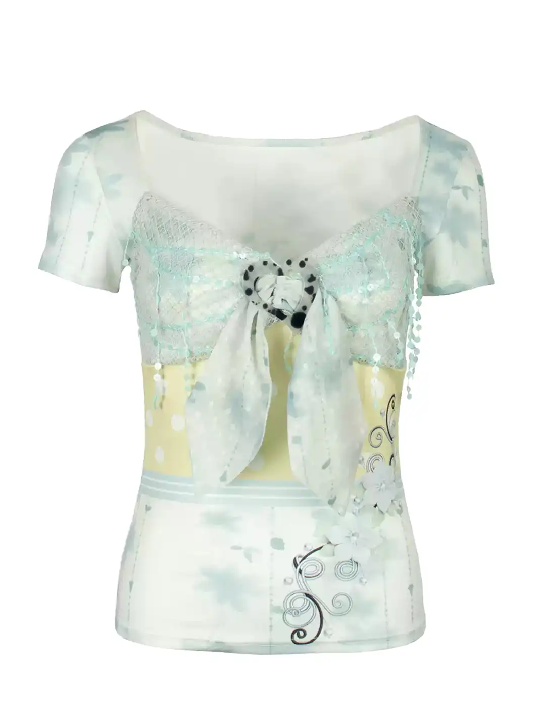 4RE1GN | Floral Polka Dot Sequin Spliced T-Shirt