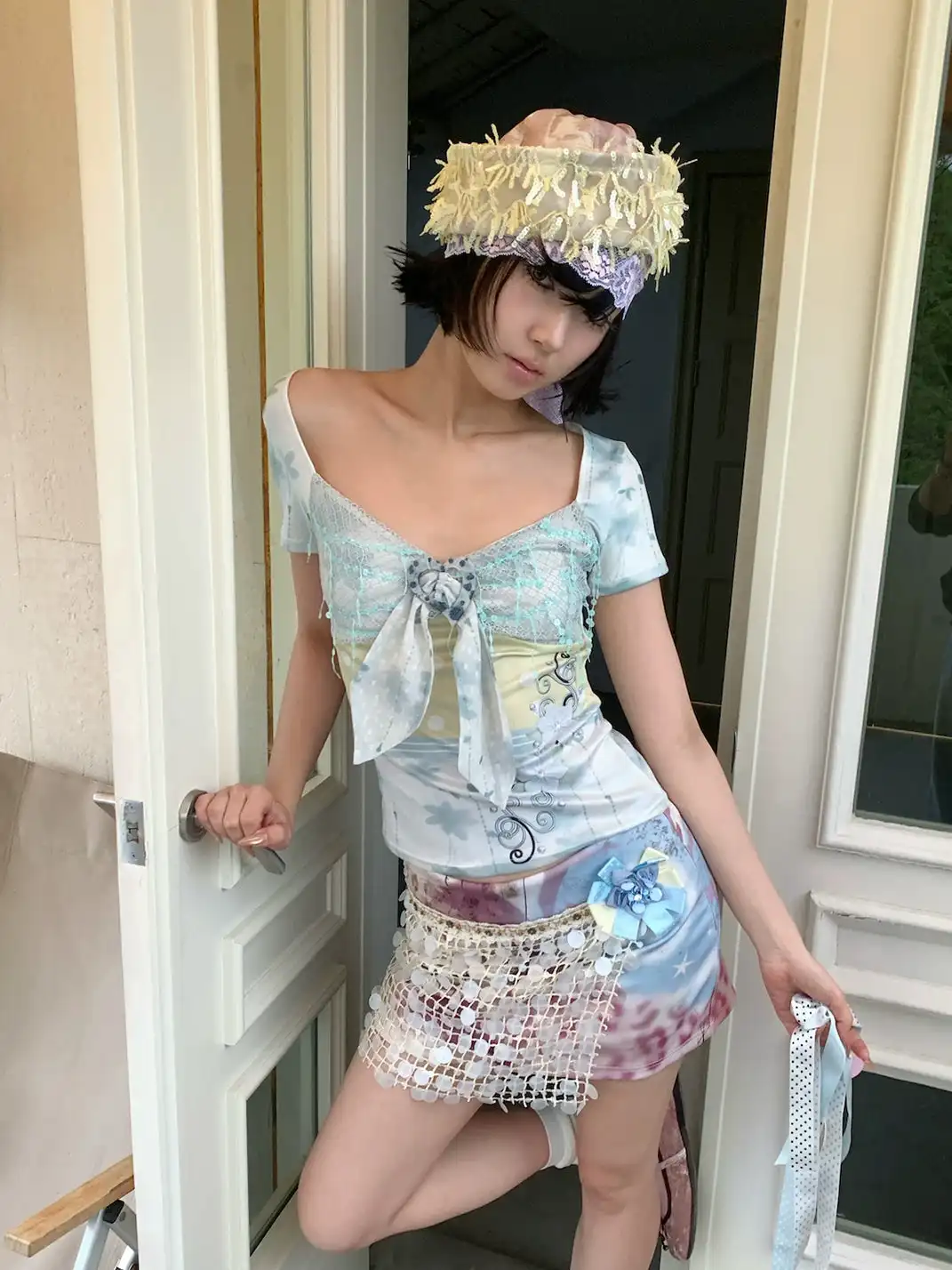 4RE1GN | Floral Polka Dot Sequin Spliced T-Shirt
