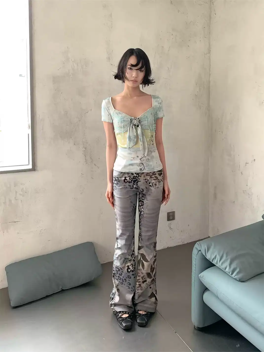 4RE1GN | Floral Polka Dot Sequin Spliced T-Shirt