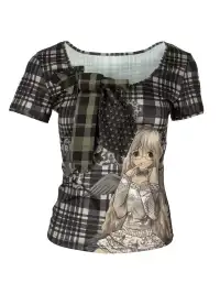 4RE1GN | Spliced Tie Cartoon Plaid Print T-Shirt