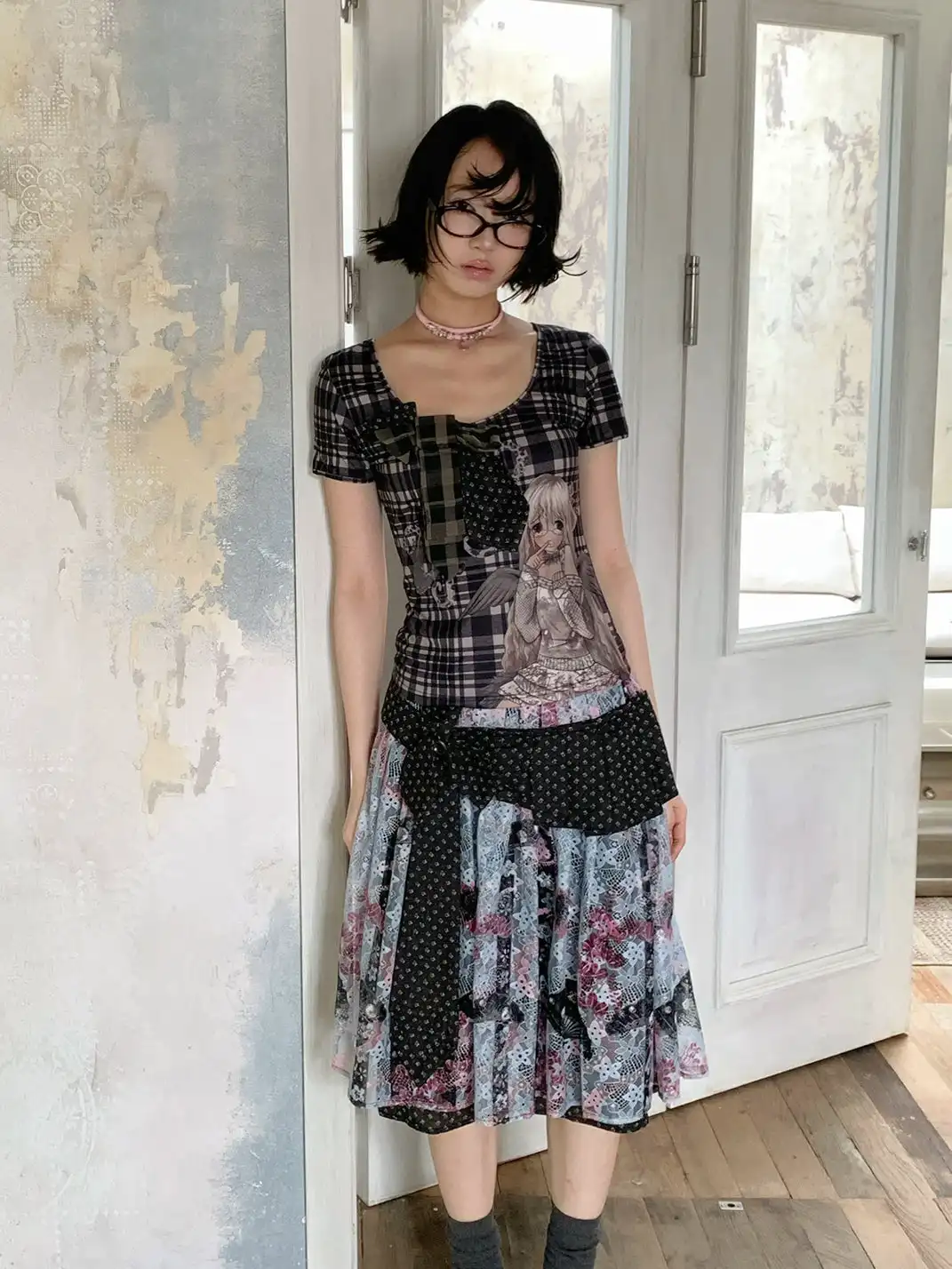 4RE1GN | Spliced Tie Cartoon Plaid Print T-Shirt