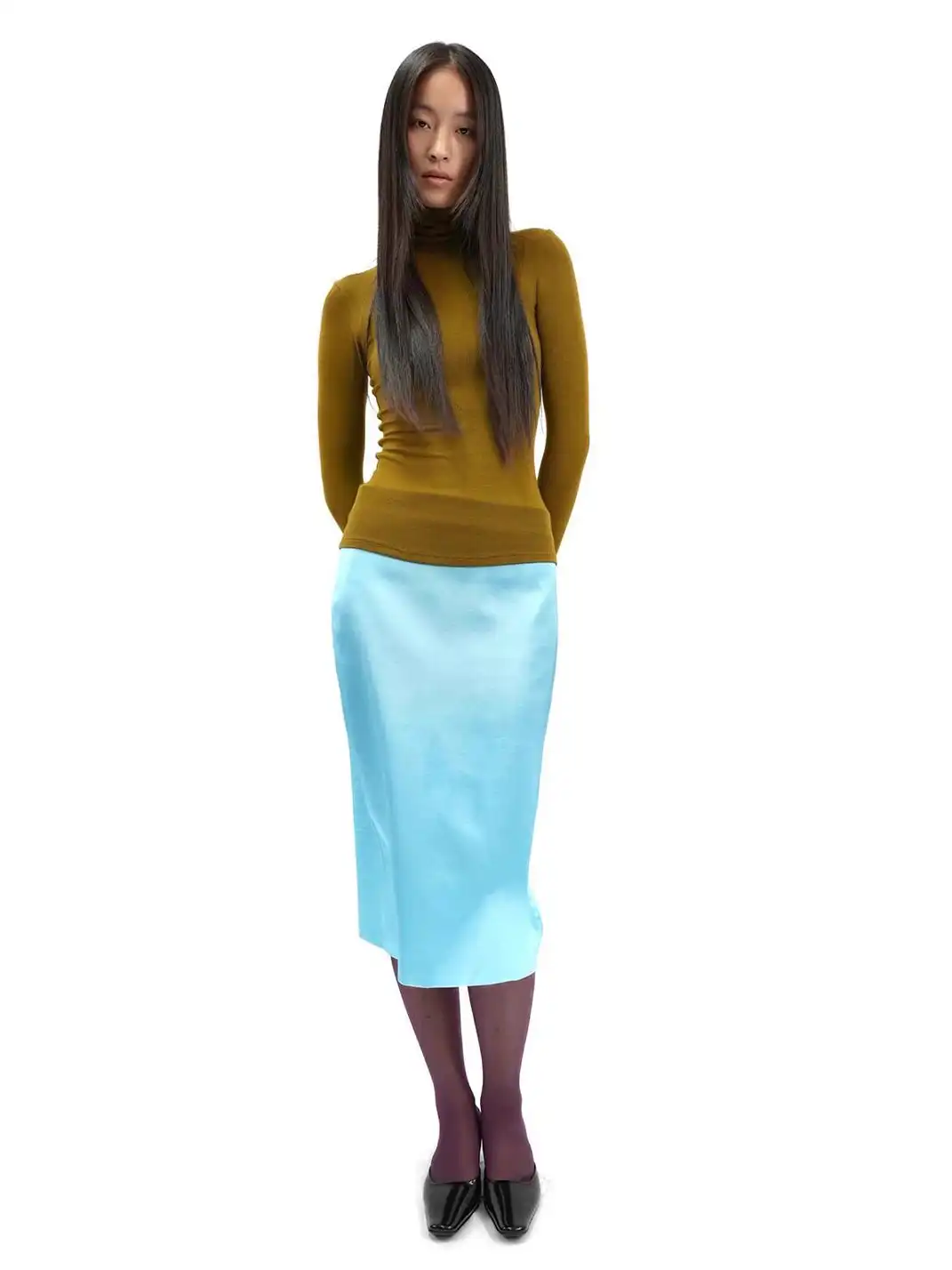 NaNaNew YAN | Blue Satin Straight Midi Skirt