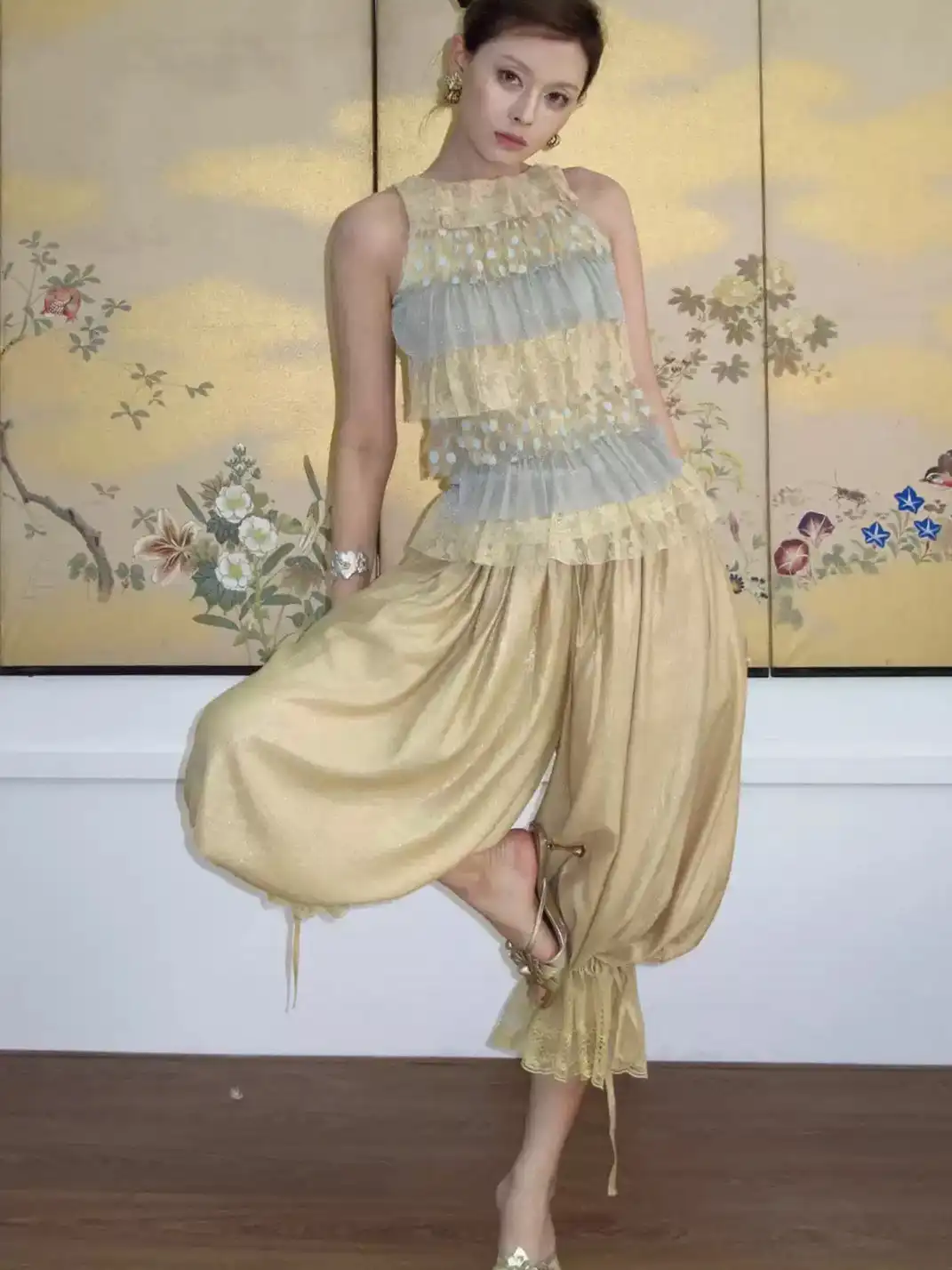Annie Armor | Pale Gold Drawstring Lace Tie Lantern Pants