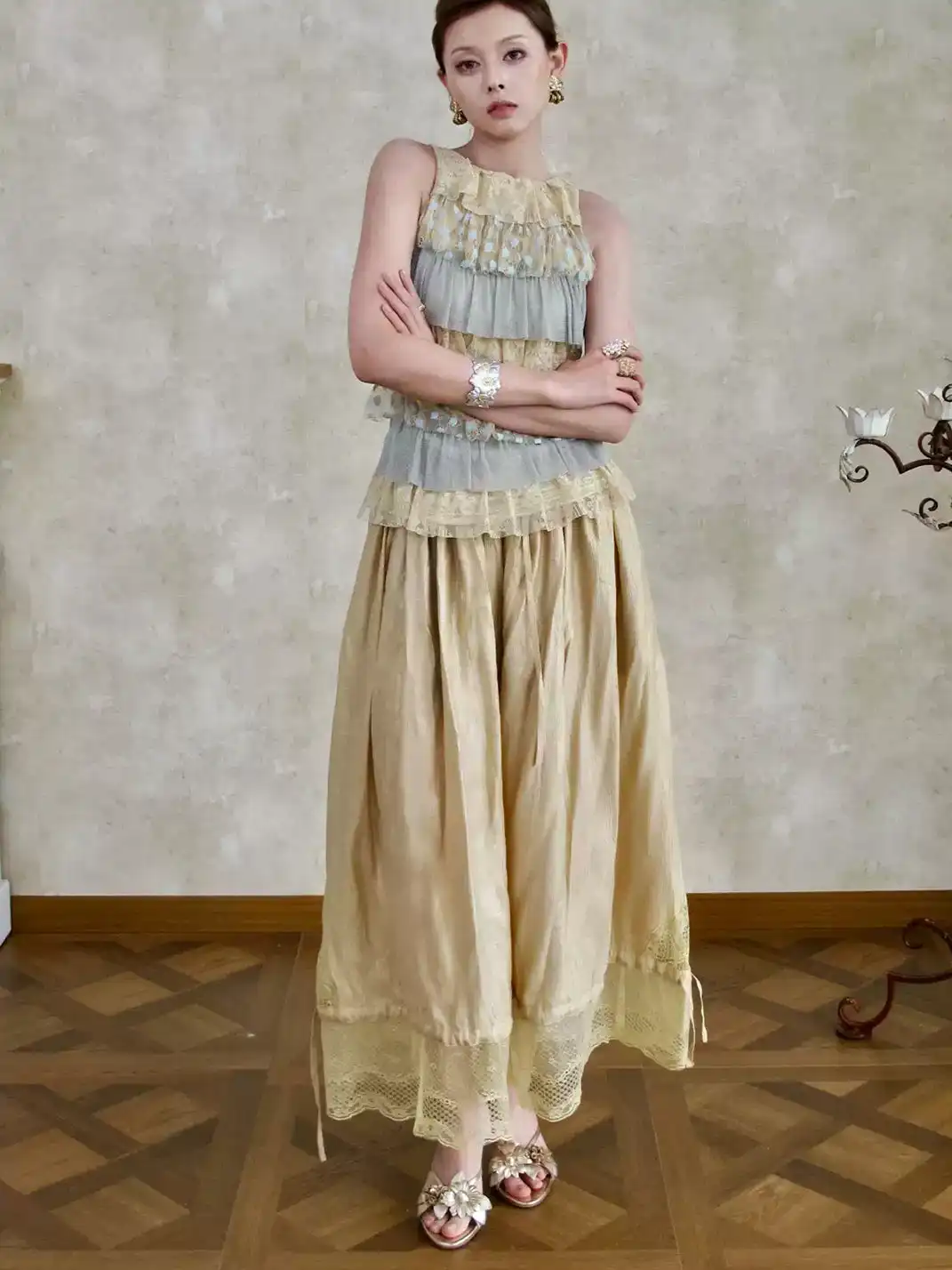 Annie Armor | Pale Gold Drawstring Lace Tie Lantern Pants