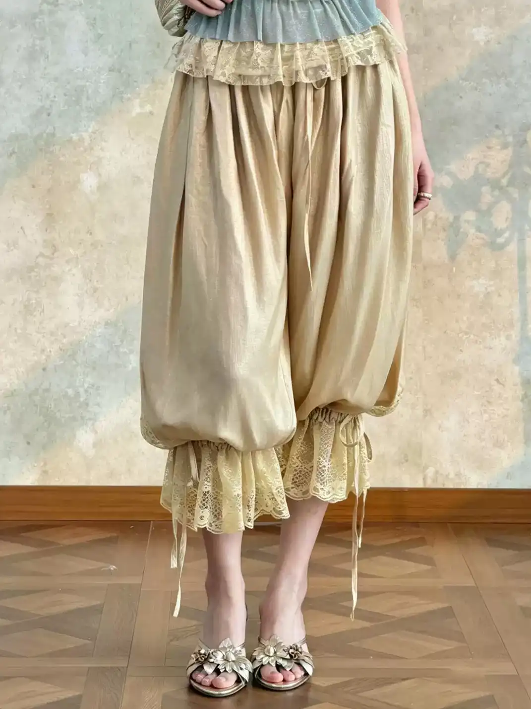 Annie Armor | Pale Gold Drawstring Lace Tie Lantern Pants