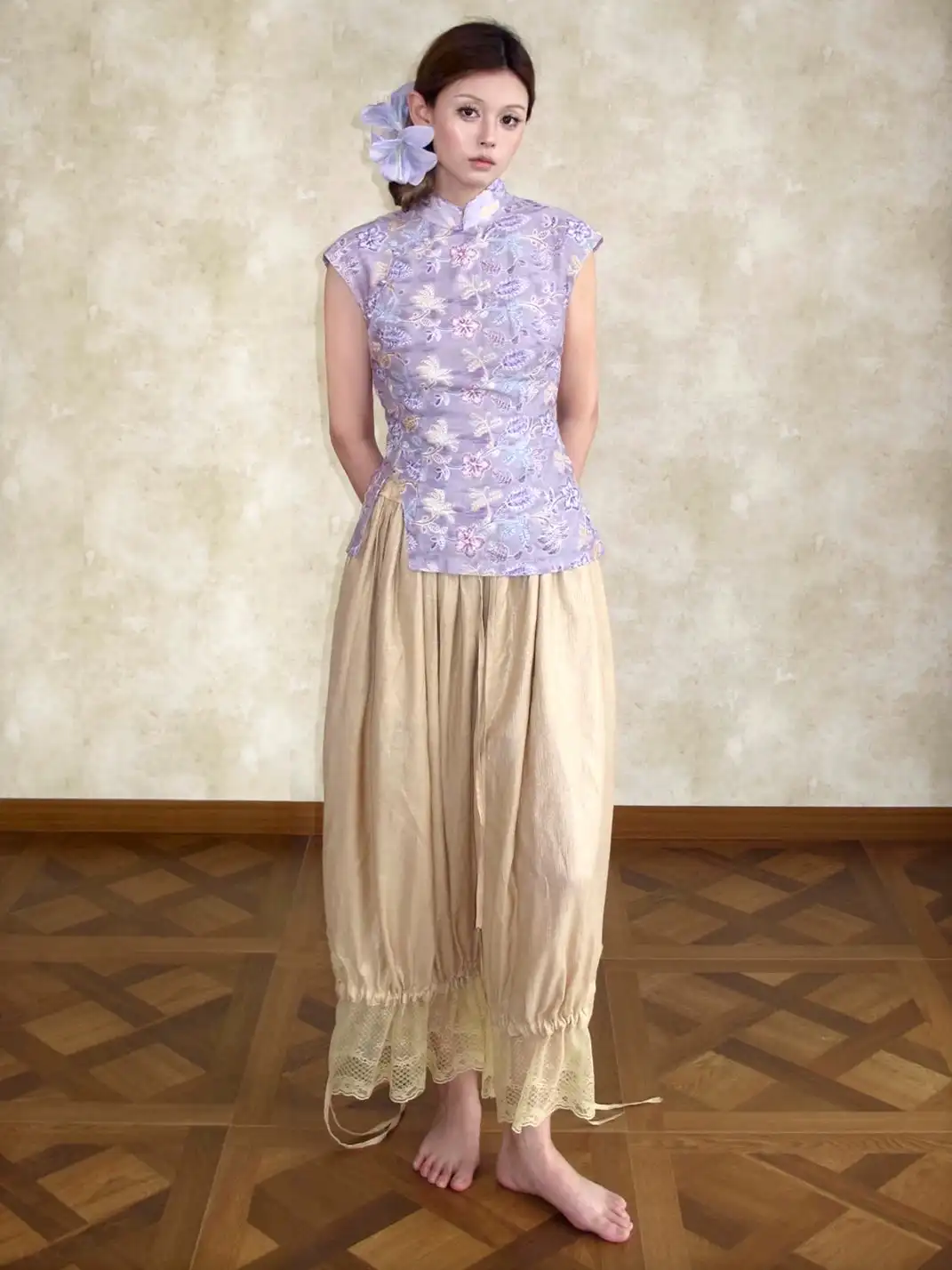 Annie Armor | Pale Gold Drawstring Lace Tie Lantern Pants