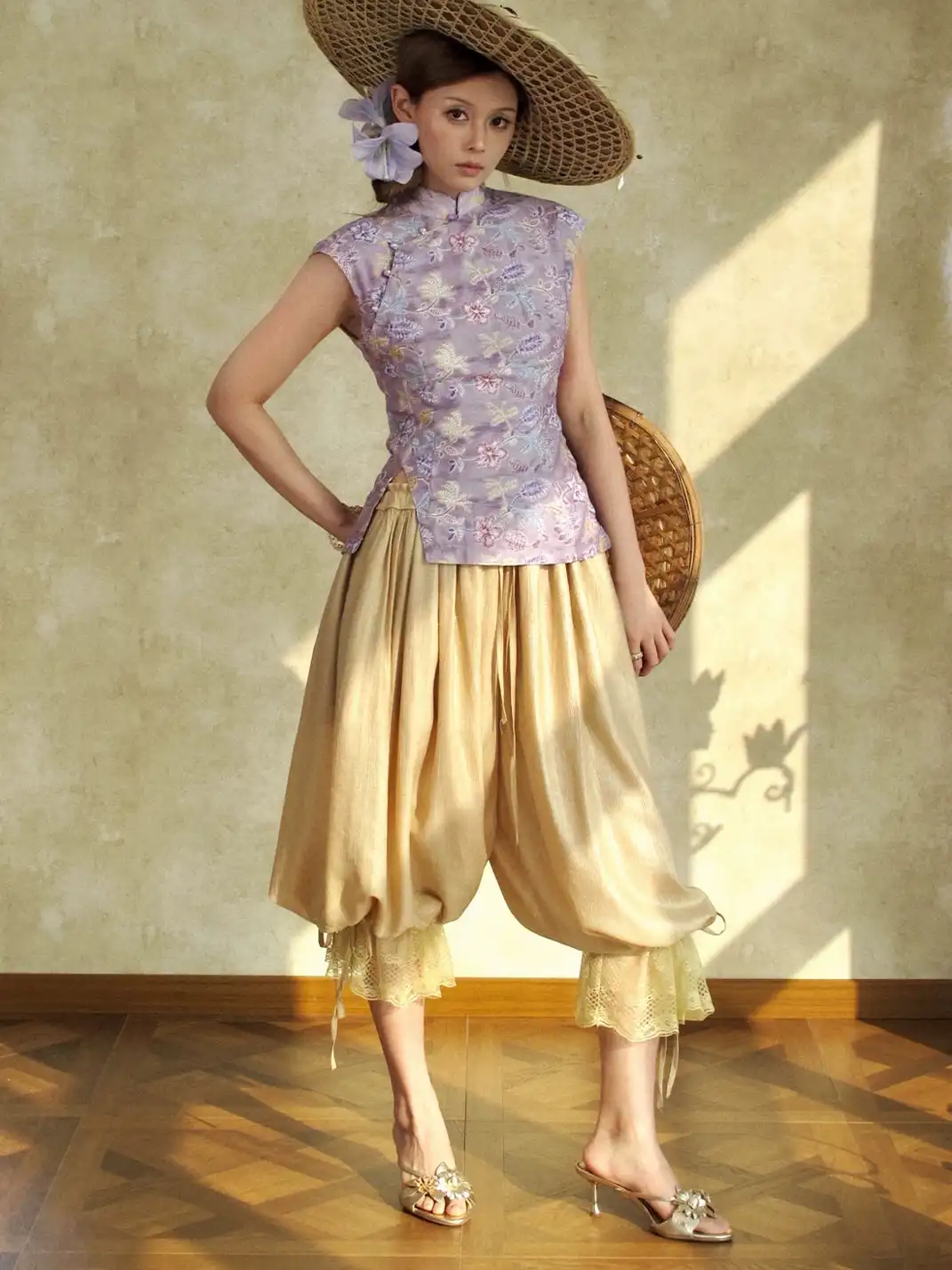 Annie Armor | Pale Gold Drawstring Lace Tie Lantern Pants