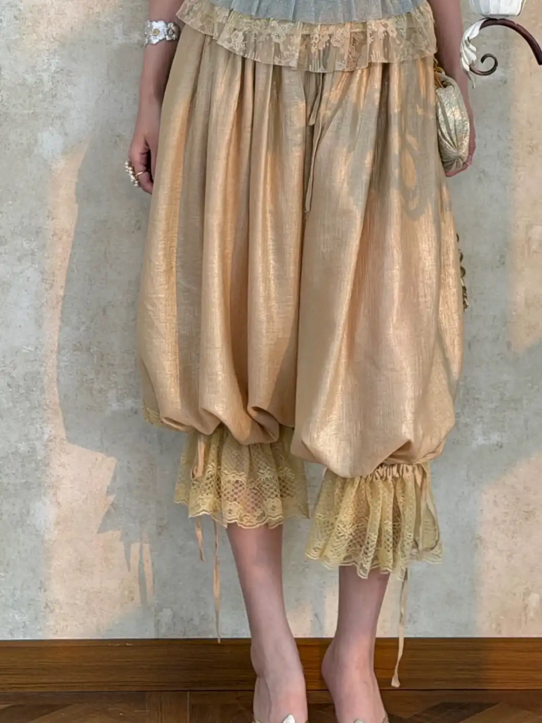 Annie Armor | Pale Gold Drawstring Lace Tie Lantern Pants