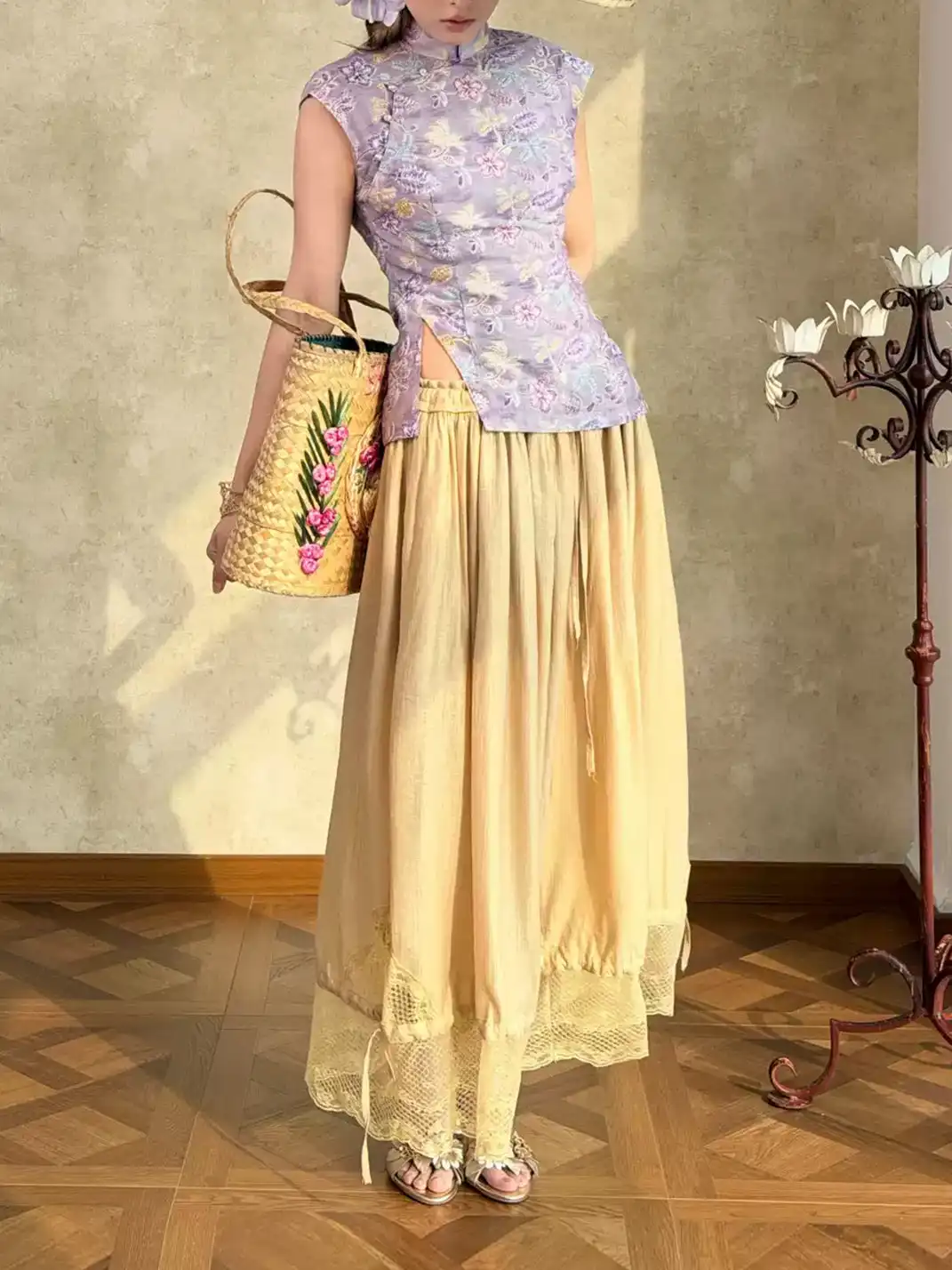 Annie Armor | Pale Gold Drawstring Lace Tie Lantern Pants