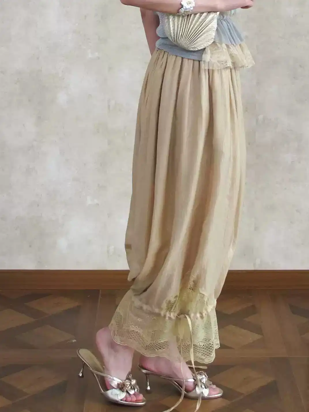 Annie Armor | Pale Gold Drawstring Lace Tie Lantern Pants