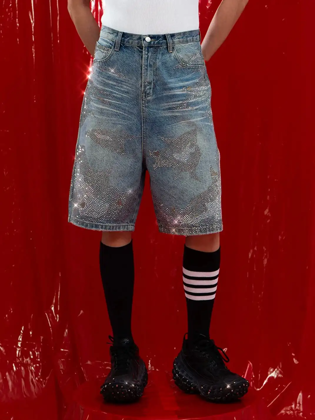 CLP | Rhinestone Straight-Leg Five-Point Jeans