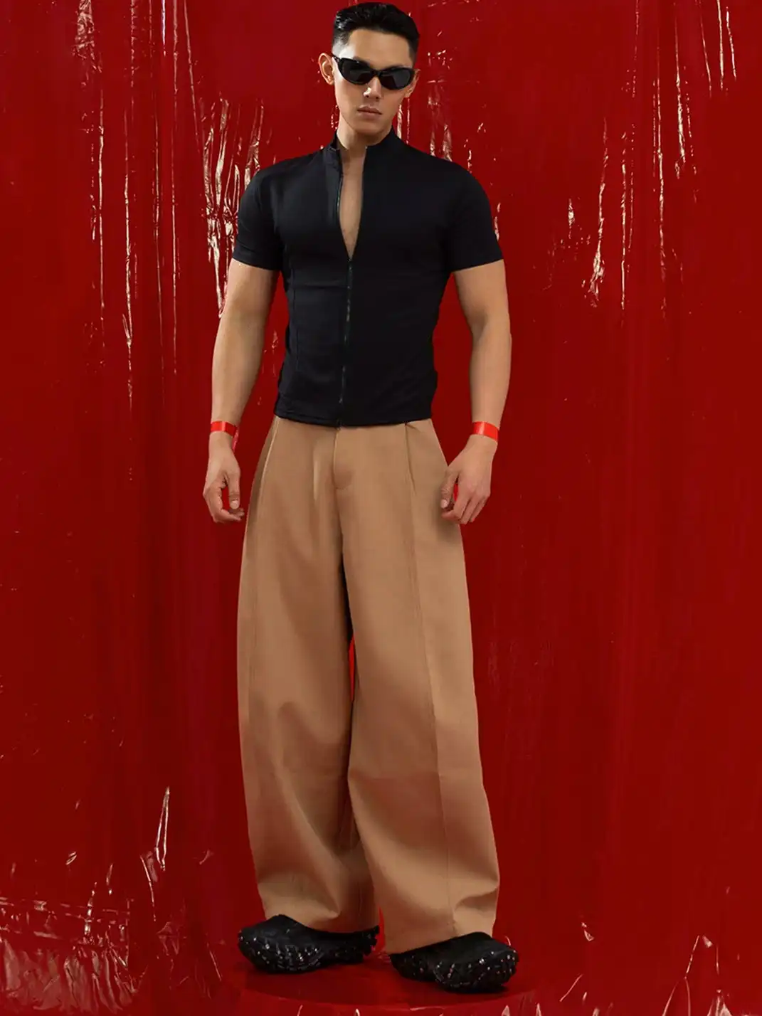 CLP | Double Pleated Waist Buckle Curved Wide-Leg Casual Pants
