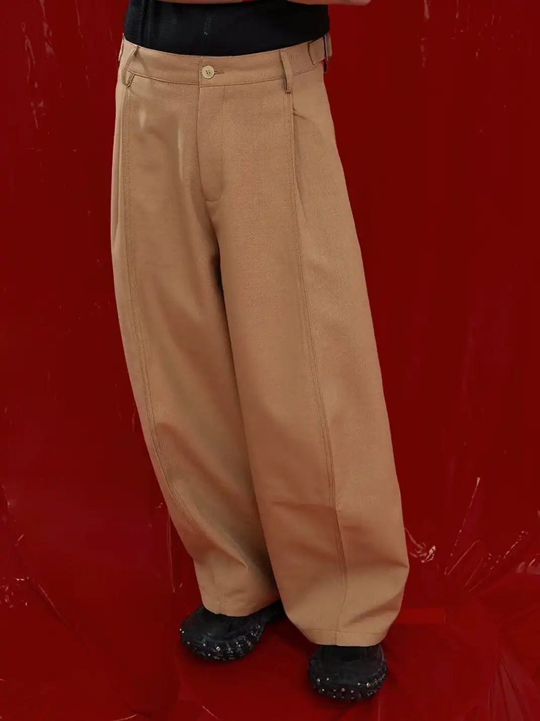 CLP | Double Pleated Waist Buckle Curved Wide-Leg Casual Pants