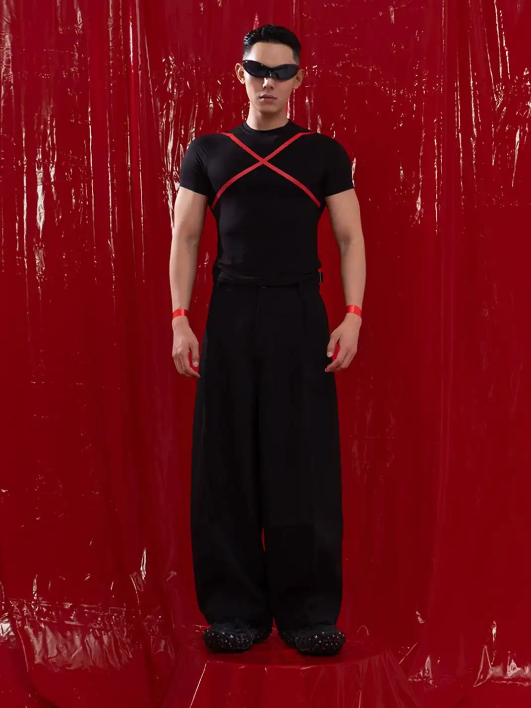 CLP | Double Pleated Waist Buckle Curved Wide-Leg Casual Pants