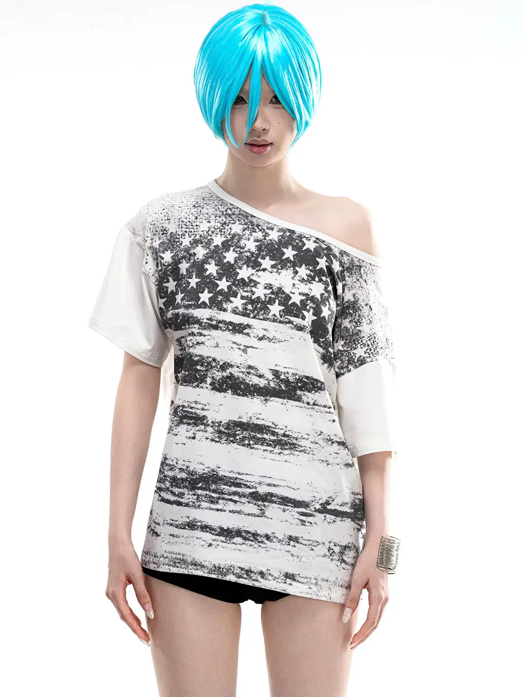 ArtByTastybabe | Vintage Print Star Flag Off-Shoulder T-Shirt