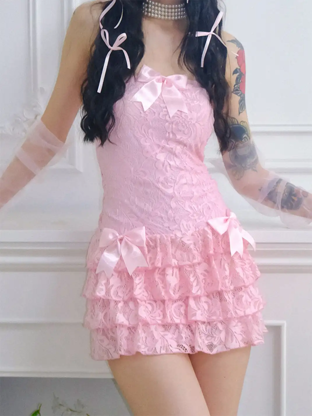 ArtByTastybabe | Lace Bow Tube Top Tiered Dress