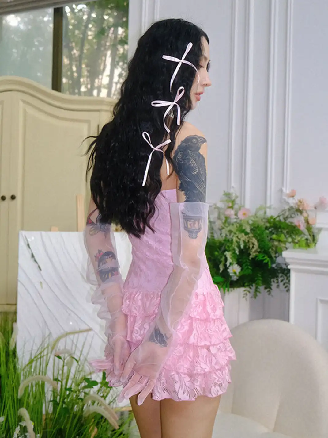 ArtByTastybabe | Lace Bow Tube Top Tiered Dress