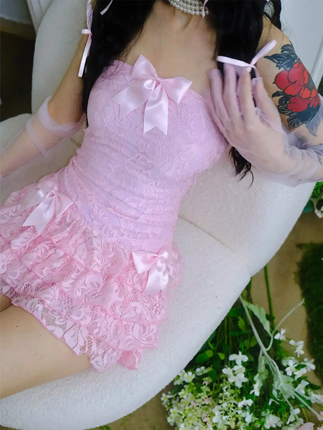 ArtByTastybabe | Lace Bow Tube Top Tiered Dress