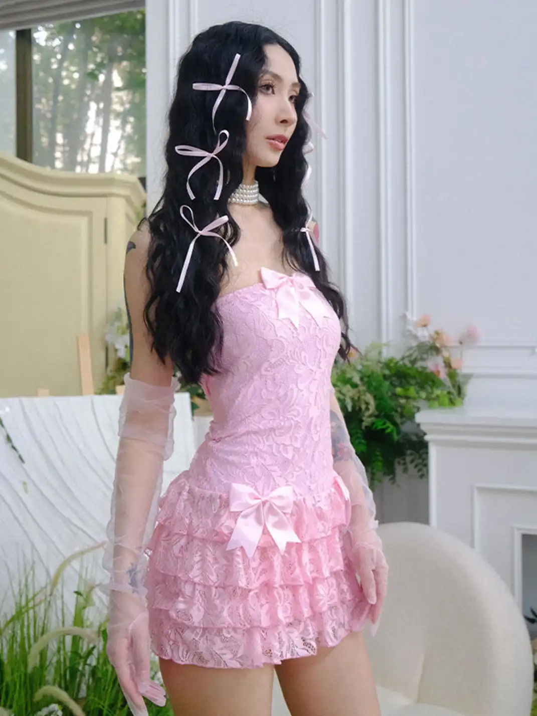 ArtByTastybabe | Lace Bow Tube Top Tiered Dress