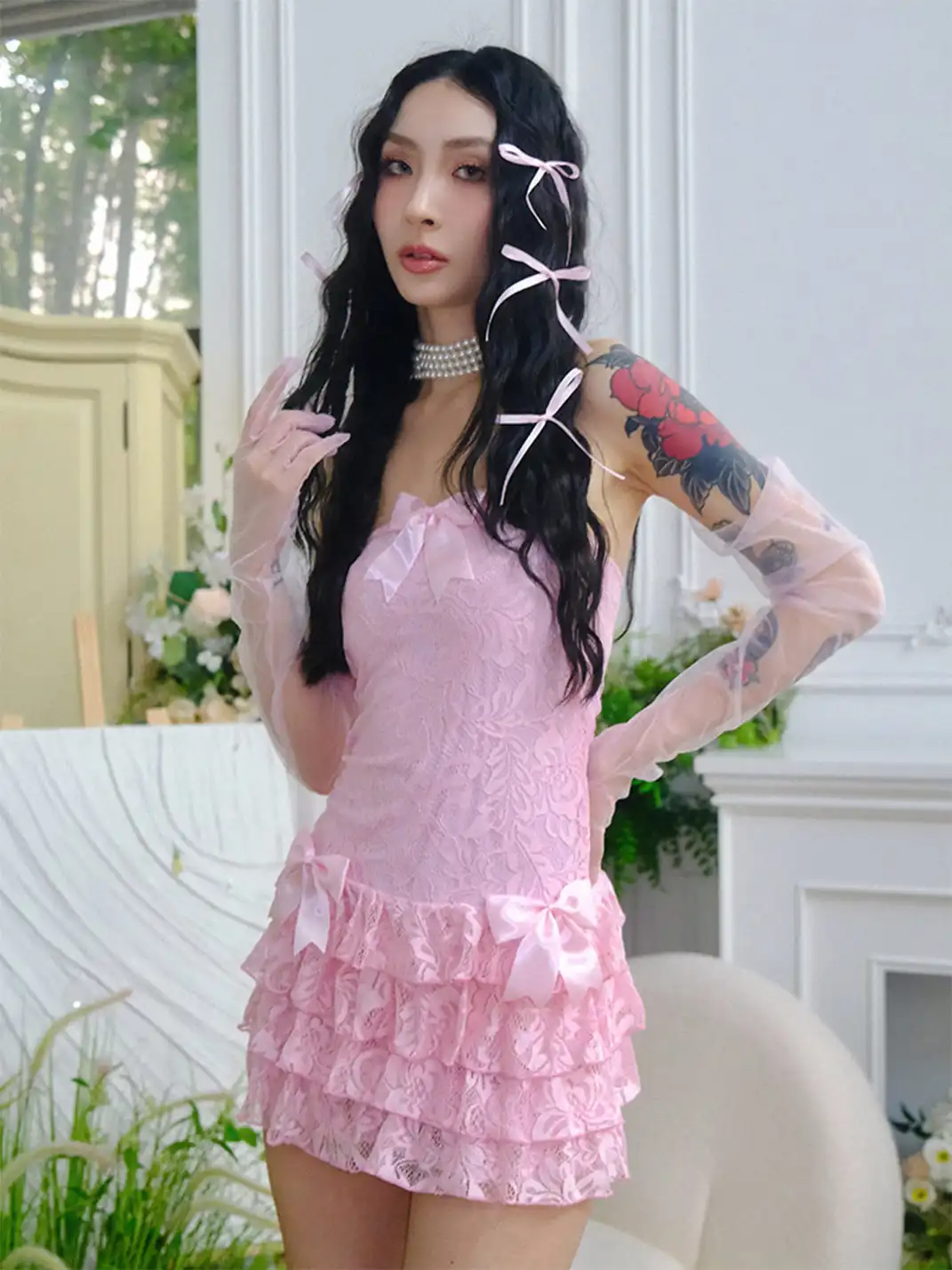 ArtByTastybabe | Lace Bow Tube Top Tiered Dress