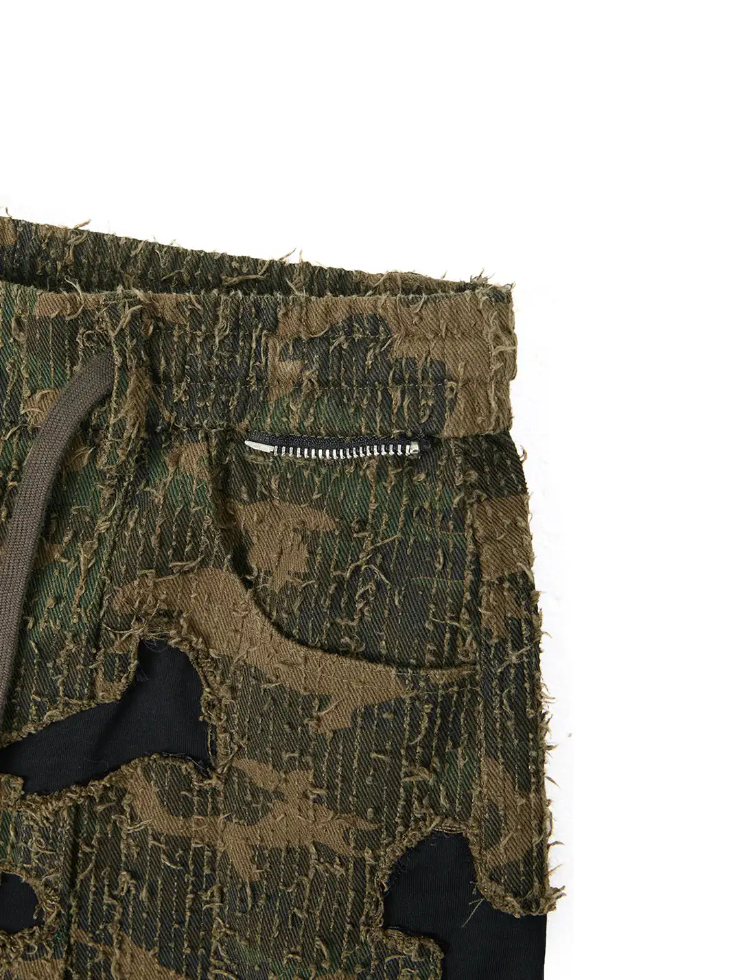 RELABEL | Patch Embroidered Frayed Textured Color Block Camo Cropped Shorts