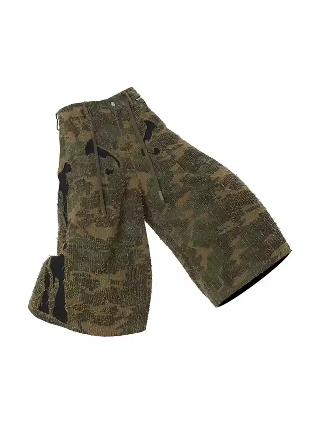 RELABEL | Patch Embroidered Frayed Textured Color Block Camo Cropped Shorts