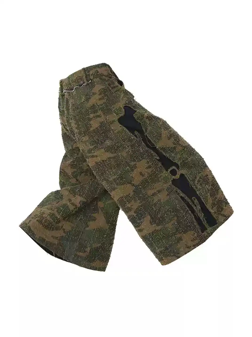 RELABEL | Patch Embroidered Frayed Textured Color Block Camo Cropped Shorts