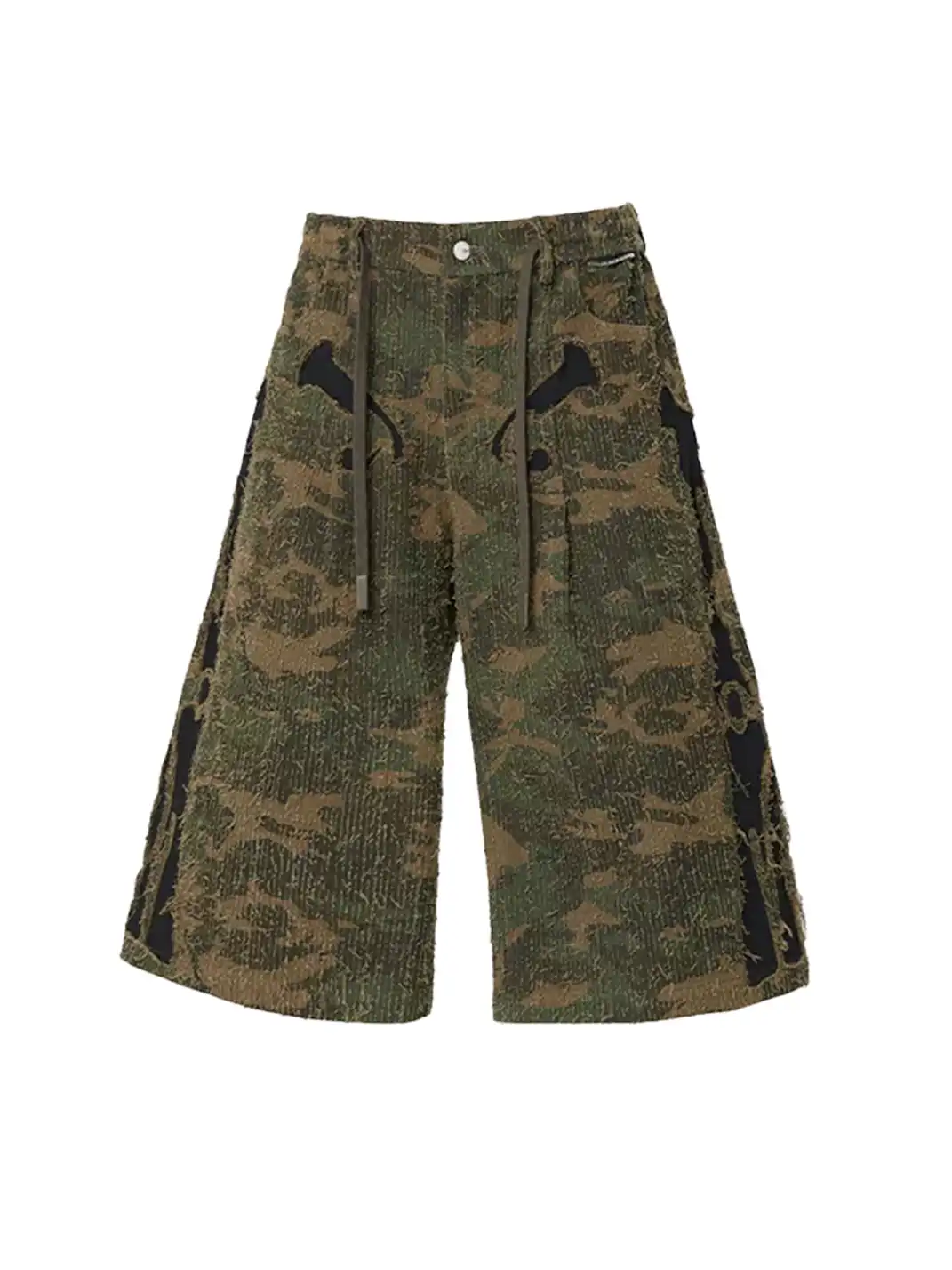 RELABEL | Patch Embroidered Frayed Textured Color Block Camo Cropped Shorts