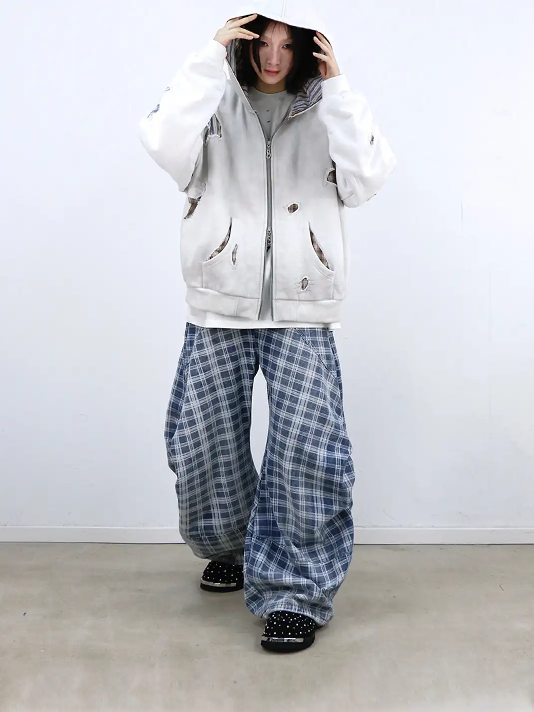 RELABEL | Plaid Print Draped Tailored Jeans
