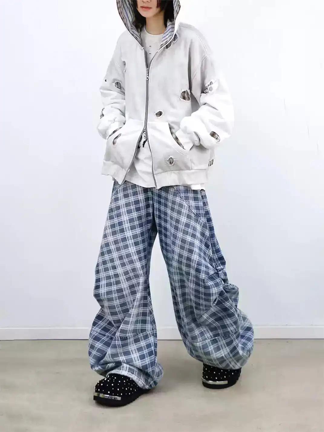 RELABEL | Plaid Print Draped Tailored Jeans