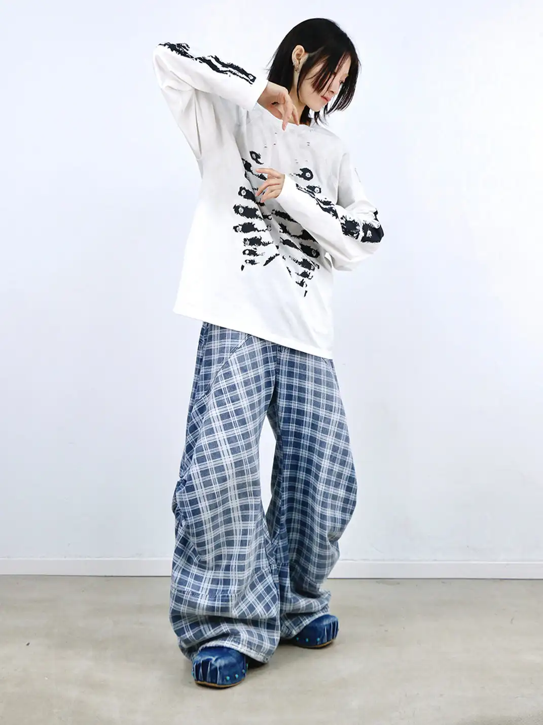 RELABEL | Plaid Print Draped Tailored Jeans