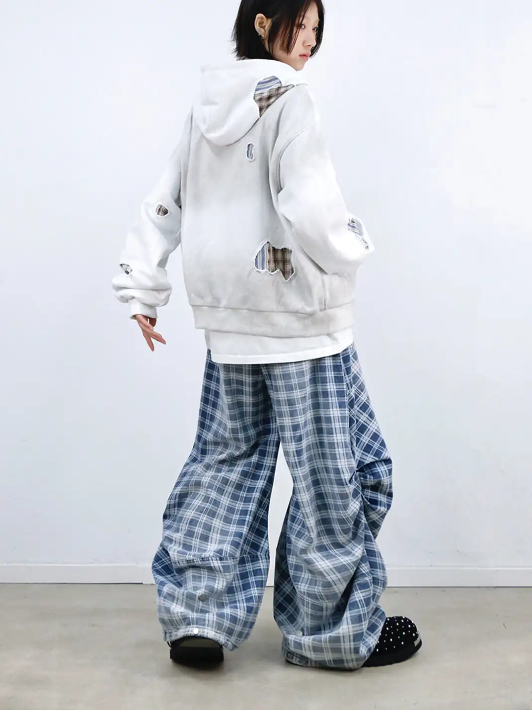 RELABEL | Plaid Print Draped Tailored Jeans