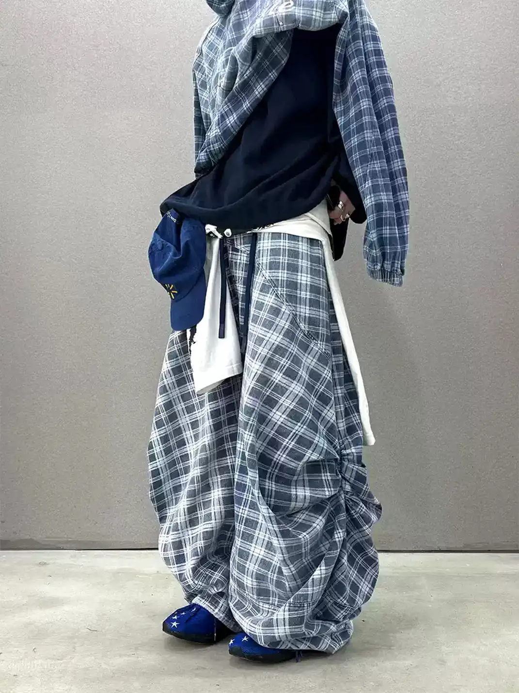 RELABEL | Plaid Print Draped Tailored Jeans