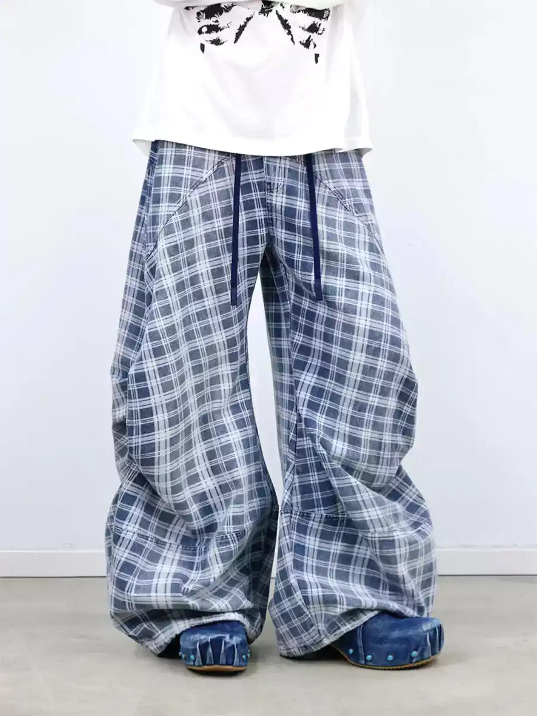 RELABEL | Plaid Print Draped Tailored Jeans